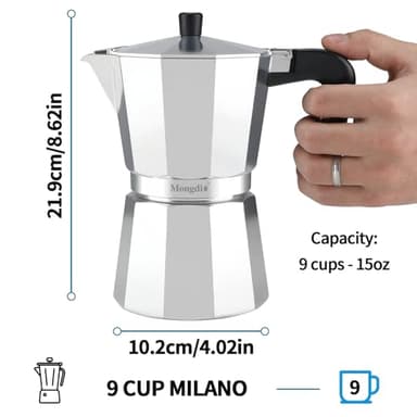 Mongdio Stovetop Espresso Maker Moka Pot, Stove Top Cuban Coffee Maker, Italian Greca Mocha Pot, 9 Espresso Cups, 15 oz - Silver - Image 6