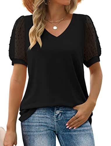 Aokosor Womens Tops Dressy Casual Short Sleeve V Neck T Shirts Trendy Summer Anthropologie Clothes Old Money Black L - Image 1