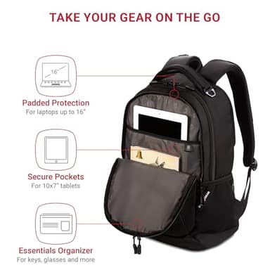 SwissGear 5505 Cecil 16” Laptop Backpack Black – Daily Laptop Bag with Gear Attachment Options – Multiple Organizer Pockets & Padded Shoulder Straps - Image 2