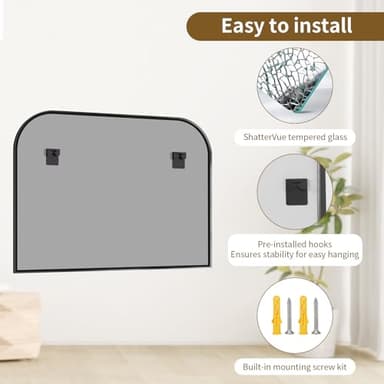 VETROVUE Black Wall Mounted Bathroom Mirror - 38” x 30" Inch Round Top Right Angle Wall Mirror, Aluminum Metal Framed, Decor for Living Room, Bedroom, Fireplace, Mantle, Entryway, Bathroom - Image 6