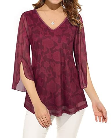 Bebonnie Womens Tops Dressy Casual,Ladies 3/4 Long Sleeve Fall Tunic Tops for Leggings Peasant Office Work Clothes Business Casual Dressy Shirts Mesh Elegant Floral Peasant Top Berry Red M - Image 2