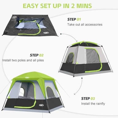 UNP 4-Person Tent, Portable Cabin Tent, Camping Tent 4-Person Easy Set Up, Waterproof with Top Rainfly for Outdoor Camping/Hiking (Fluorescent Green) - Image 5