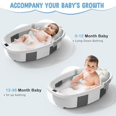 TOSGN Collapsible Baby Bathtub, 3s to Install, Baby Bath Tub with Soft Cushion & Thermometer, 0-36 Months Newborn Bathtub, Portable Travel Baby Tub, Grey - Image 4