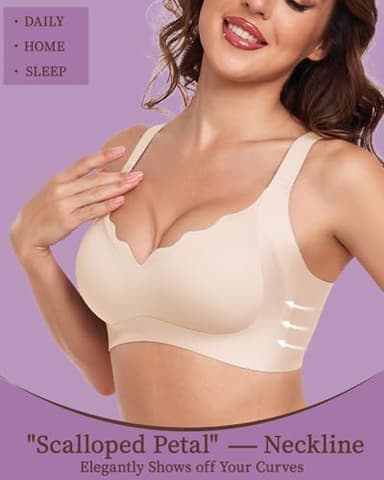 Quttlzze Scalloped Lift Bras for Women No Underwire Buttery Soft Push Up Wireless Bras V Neck Seamless Bralettes Beige,L - Image 2