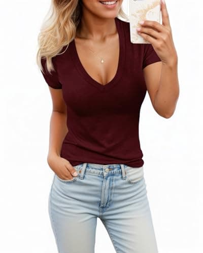Womens Summer Sexy Short Sleeve Tshirt Tops Deep V Neck Shirts Casual Slim Fit Basic T-Shirt Tee A-Wine Red - Image 1