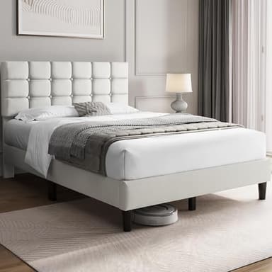 Yaheetech Upholstered Bed Frame, Modern Full Bed Platform with Square Stitched&Button Tufting Headboard Height Adjustable, Wooden Slats Support, No Box Spring Needed, Full Size, Beige - Image 3