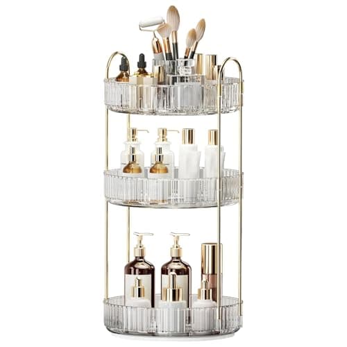 360° Rotating Makeup Organizer, Large-Capacity Skincare Make Up Storage 3 Tier Perfume Organizers Cosmetic Dresser Organizer with Makeup Brush Holder, Fits Bedroom, Bathroom, Vanity Shelf Countertop - Image 1