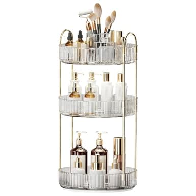360° Rotating Makeup Organizer, Large-Capacity Skincare Make Up Storage 3 Tier Perfume Organizers Cosmetic Dresser Organizer with Makeup Brush Holder, Fits Bedroom, Bathroom, Vanity Shelf Countertop - Image 1