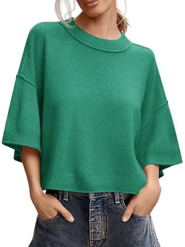 Saodimallsu Womens Short Sleeve Sweater Summer Oversized Cropped Sweaters Casual Crewneck Lightweight Knit Tops Green - Image 1