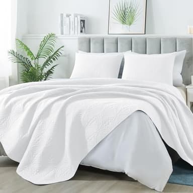 MASVIS Quilt Set Full Queen Size, Lightweight Quilted Microfiber Bedspread Coverlet for All Season, Classic Coin Pattern Quilts, Soft Bedding Set, 3 Piece (1 Quilt, 2 Pillow Shams) White - Image 1