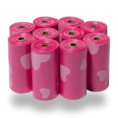 Best Pet Supplies Dog Poop Bags (150 Bags) for Waste Refuse Cleanup, Doggy Roll Replacements for Outdoor Puppy Walking and Travel, Leak Proof and Tear Resistant, Thick Plastic - Pink Heart - Image 1