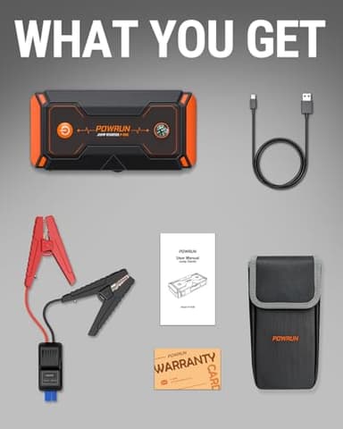 Powrun P-ONE Jump Starter, 2000A Portable Jump Box - Car Jump Starter Battery Pack for up to 8.0L Gas and 6.5L Diesel Engines, 12V Battery Jump Starter with Carry Case (Orange) - Image 7