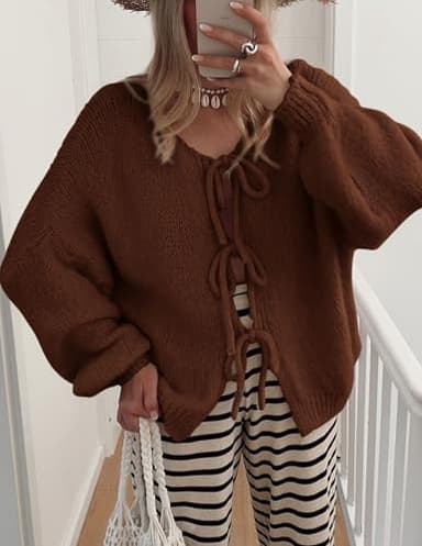 PRETTYGARDEN Women's Tie Front Bow Cardigan Sweaters Chunky Knit Long Puff Sleeve Trendy Fall Winter Jacket Coats (Caramel,Large) - Image 6