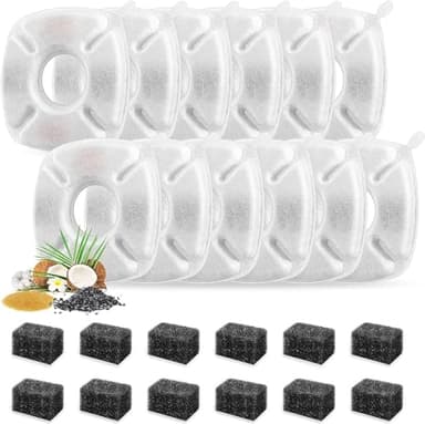 24 Pcs Cat Fountain Replacement Filters 12 Pack Cat Water Fountain Replacement Filters with 12 Pack Pre-Filter Sponges, Pet Fountain Filter Fit for 95oz/2.8L Automatic Pet Fountain Cat Water Fountain - Image 1