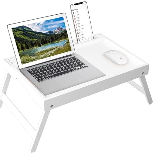 Artmeer Bed Tray Table with Folding Legs, Bamboo Breakfast Food Tray with Media Slot, Use As Platter, Laptop Desk, Snack, TV Tray Kitchen Serving Tray (White Extra-Large Size) - Image 1
