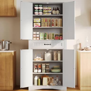 Gizoon 71'' Kitchen Pantry Storage Cabinet, Freestanding Pantry Organizers and Storage Cabinet with 4 Doors and 4 Adjustable Shelves, Tall Cabinet with Large Drawer for Kitchen, Living Room, Bathroom - Image 1