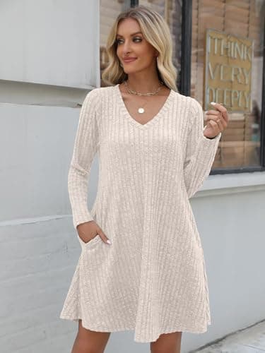 BELAROI Plus Size Sweater Dress Curvy Women Fall Dresses Winter V Neck Long Sleeve Pockets Tshirt Dress Loose Fit (2X, Apricot) - Image 5