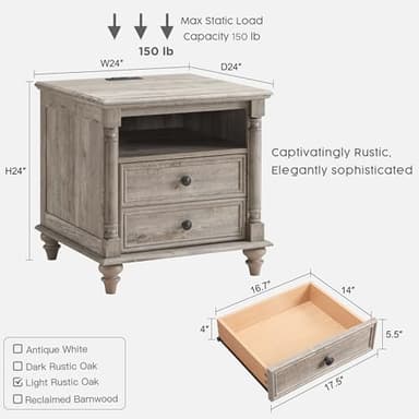T4TREAM 24'' Farmhouse End Table w/4 Solid Wood Feet, Large 2 Drawers Wide Sofa Side Table with Charging Station, Tall Rustic Wood Square Nightstand for Living Room, Bedroom, Office, Light Rustic Oak - Image 7