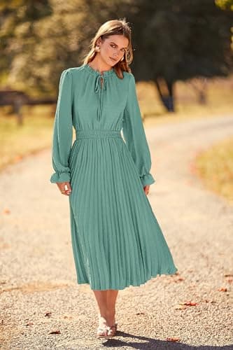 PRETTYGARDEN Women Long Flowy Dress Spring Fall Fashion Clothes Casual Pleated A Line Midi Dresses (Green,Medium) - Image 4