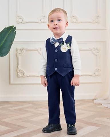 Coco&RARA Baby Boy Clothes Suits Infant Tuxedo Gentleman Outfits, Formal Dress Shirt+Vest+Corsage+tie+Pants Baby Suit Sets(Navy Blue, 12-18M) - Image 2