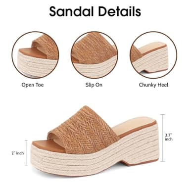 EQAUDES Platform Wedge Sandals Slip on Espadrille Sandals for Women Brown Wedge Slides Raffia Straw Sandals Flatform Open Toe Beach Sandals Size 6 - Image 7