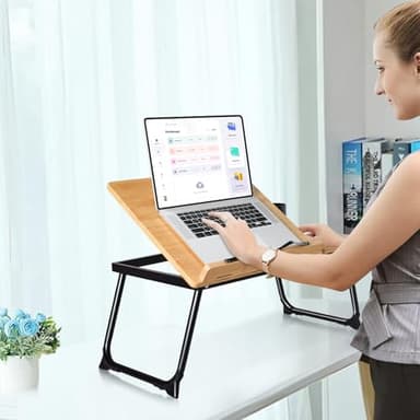 wishacc Book Stand for Reading in Bed, Bamboo Laptop Stand Adjustable Book Holder Tray with Page Paper Clips Multi Angles Adjustable Cooking Bookstands for Textbook Recipe Magazine Tablet Portable - Image 3