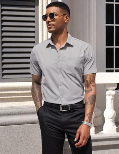 COOFANDY Mens Casual Dress Shirt Short Sleeve Business Attire Regular Fit Polyester Wrinkle Free Button Down Shirts with Pocket Light Grey Gray Large - Image 4