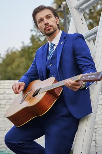 MAGE MALE Mens Suits Slim Fit 3 Piece Tuxedo Suit One Button Solid Prom Wedding Party Blazer Vest Pants Set with Tie Royal Blue - Image 5