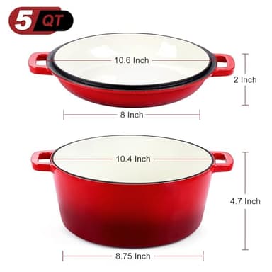 P&P CHEF 5Qt Dutch Oven Pot for Bread Baking (Red), 2 In 1 Round Cast Iron Dutch Oven with Lid Set, Skillet & Pot for Roasting Braising Stewing Frying Simmering, Multi Stoves & Oven Safe - Image 2