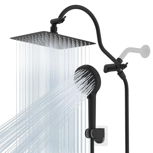 Hibbent All Metal High Pressure Rainfall 10 Inch Shower Head/Handheld Showerhead Combo/ 12 Inch Adjustable Curved Shower Extension Arm, 10-Spray, 71-inch Hose, Adhesive Showerhead Holder, Matte Black - Image 1