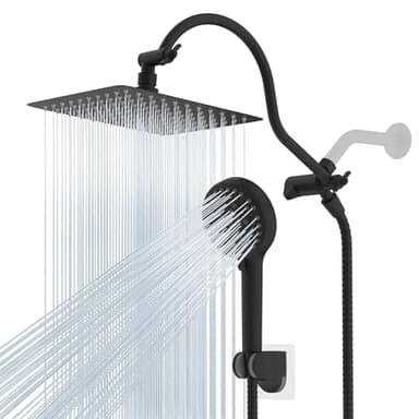 Hibbent All Metal High Pressure Rainfall 10 Inch Shower Head/Handheld Showerhead Combo/ 12 Inch Adjustable Curved Shower Extension Arm, 10-Spray, 71-inch Hose, Adhesive Showerhead Holder, Matte Black - Image 1