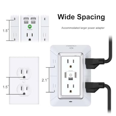 Outlet Extender USB Wall Charger - POWRUI 6 AC Surge Protector Outlets with 3 USB Ports (1 USB C) and Night Light, 3-Sided Multi Plug Wall Outlet Power Strip with Spaced Outlets, ETL Listed, White - Image 6