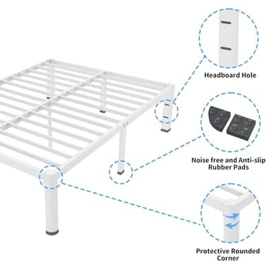 ROIL 14 Inch White Queen Bed Frame with Rounded Corner and Headboard Hole Mattress Retainers 3500LBS Heavy Duty Steel Slats No Box Spring Needed Platform Noise-Free Easy Assembly - Image 5