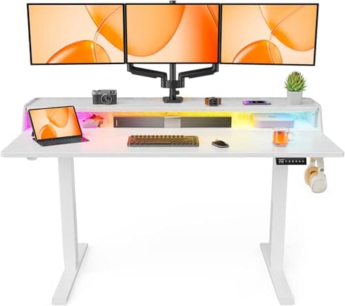 ErGear Standing Desk with LED Strip, 55″ x 28″ Electric Height Adjustable RGB Gaming Table with Shelf, Sit Stand Desk with Dual Cable Holes, C-Clamp Mount Compatible, 4 Preset Heights, White - Image 1