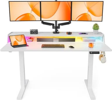ErGear Standing Desk with LED Strip, 55″ x 28″ Electric Height Adjustable RGB Gaming Table with Shelf, Sit Stand Desk with Dual Cable Holes, C-Clamp Mount Compatible, 4 Preset Heights, White - Image 1