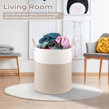HOBASKET Cotton Rope Hamper for Girls Kids Baby Nursery Hamper Bin Woven Storage Basket for Living Room cute laundry basket Tall Laundry Basket for Blanket Toy storage bin(Beige) - Image 5