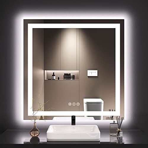 LOAAO 36X36 LED Bathroom Mirror with Lights, Anti-Fog, Dimmable, Backlit + Front Lit, Lighted Bathroom Vanity Mirror for Wall, Memory Function, Tempered Glass, Safe to Use, ETL Listed - Image 1