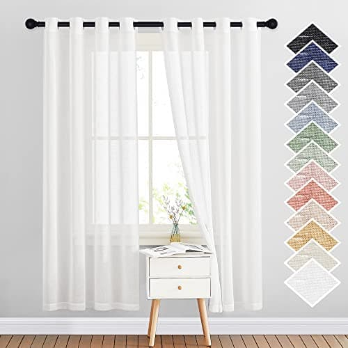 NICETOWN White Sheer Linen Curtains Flax Texture for Bedroom, Vintage Grommet Top Semitransparent Privacy Window Treatment Light Filtering for Living Room / Flat, W52 x L72, Set of 2 - Image 1
