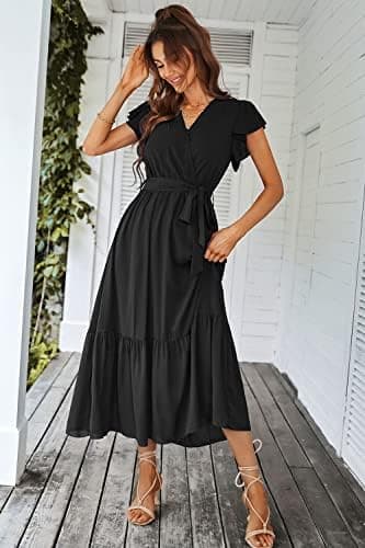 PRETTYGARDEN Women's Summer Floral Boho Maxi Dress Short Sleeve Wrap V Neck Ruffle Long Flowy Beach Wedding Guest Dresses - Image 3