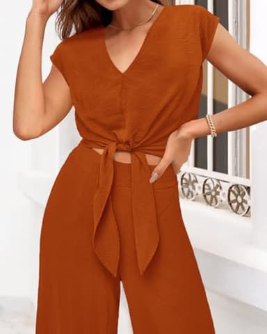 PRETTYGARDEN Women 2 Piece Sets 2025 Sexy Sleeveless V Neck Tie Waist Crop Tops Palazzo Pants Set Casual Lounge Wear(Solid Brown Orange,Small) - Image 4