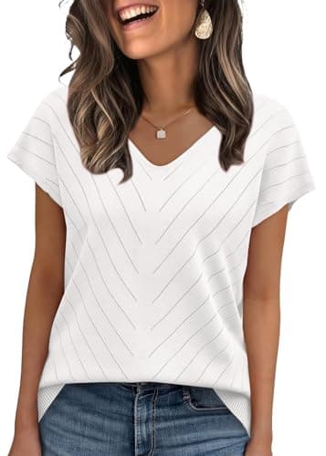 WIHOLL Short Sleeve Sweater for Women Trendy Womens Tops 2025 Summer V Neck T Shirts Cap Sleeve Beach Fashion Travel Outfits Vacation Clothes Ladies Tops Dressy Casual Lightweight Sweaters White M - Image 1