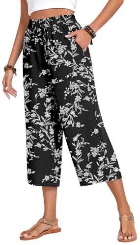 Anyhold Womens Plus Size Capri Pants Loose High Waisted Wide Leg Lounge Pants Drawstring Casual Palazzo Trousers with Pockets 2X-Large, White Carvings - Image 1