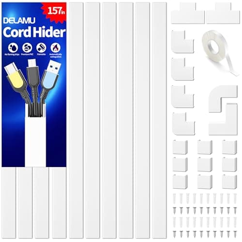 Delamu Cord Hider, 157in Wire Covers for Cords on Wall, Premium Cable Hider Cord Covers for Wires, Cable Management Wire Hiders for TV, Cable Raceway Kit, W0.95 H0.55in, White - Image 1