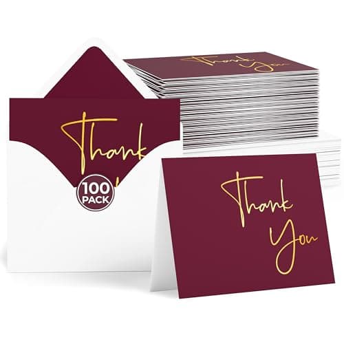 VNS Creations Gold Foil Thank You Cards With Envelopes Bulk Set & Stickers - 100 Pack 4x6 Blank Thank You Notes Box Set - Large Note Card Small Business, Wedding, Baby Shower & Bridal Shower - Wine - Image 1
