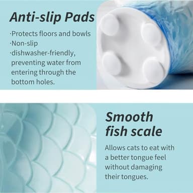 EubooTree Ceramic Raised Cat Food Bowl, Shallow & Tilted, Anti Vomiting and Whisker Fatigue, Non-Slip, Cute Fish Shape Cat Feeding Bowls for Dry and Wet Food, for Kitten, Pink/Blue, 2-Pack - Image 5