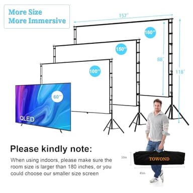 TOWOND Projector Screen and Stand, 180 inch Outdoor Projector Screen 15 FT Large Projection Screen, Portable 16:9 4K HD Rear Front Movie Screen with Carry Bag Wrinkle-Free Design for Backyard Theater - Image 5