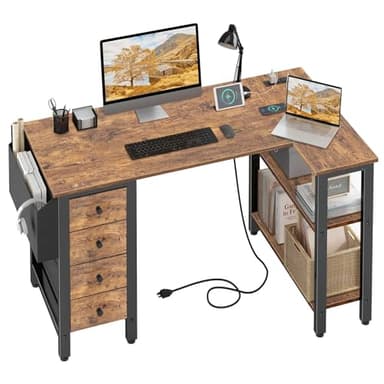 Lufeiya L Shaped Desk with Drawers & Storage Shelves, 47 Inch Small Reversible Corner Desk with Power Outlet for Home Office Bedroom, L-Shaped Gaming PC Computer Desks with Fabric Drawer, Rustic Brown - Image 1