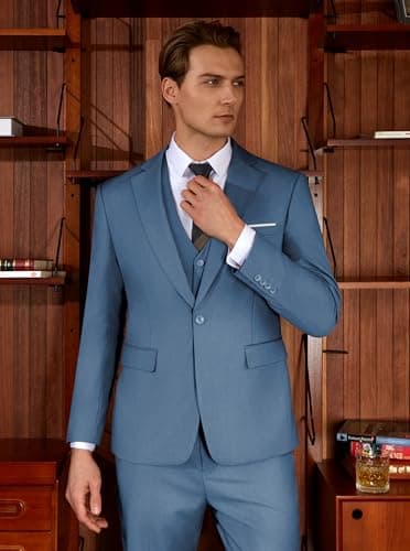 WULFUL Men’s Slim Fit Suit One Button 3-Piece Blazer Dress Business Wedding Party Jacket Vest & Pant - Image 9
