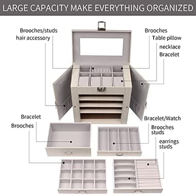 FEIYAN Large Jewelry Box,5-Tier PU Leather Jewelry Organizer with Lock,Multi-functional Storage Case with Mirror,Jewelry Organizer for Bracelets, Earrings, Rings, Necklaces (WHITE) - Image 7