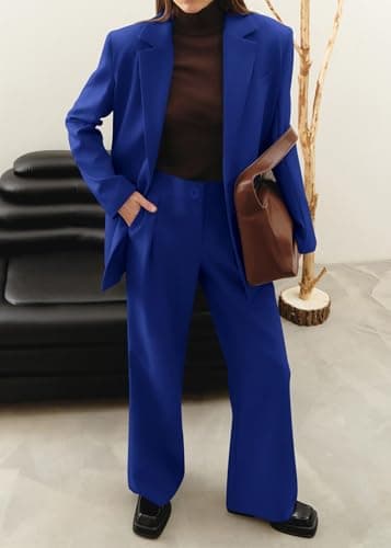 KIRUNDO Women Suits 2 Piece Set Business Casual Dressy Oversized Blazer Jacket and Wide Leg Dress Pantsuits Formal Outfits(Royal Blue, Medium) - Image 5